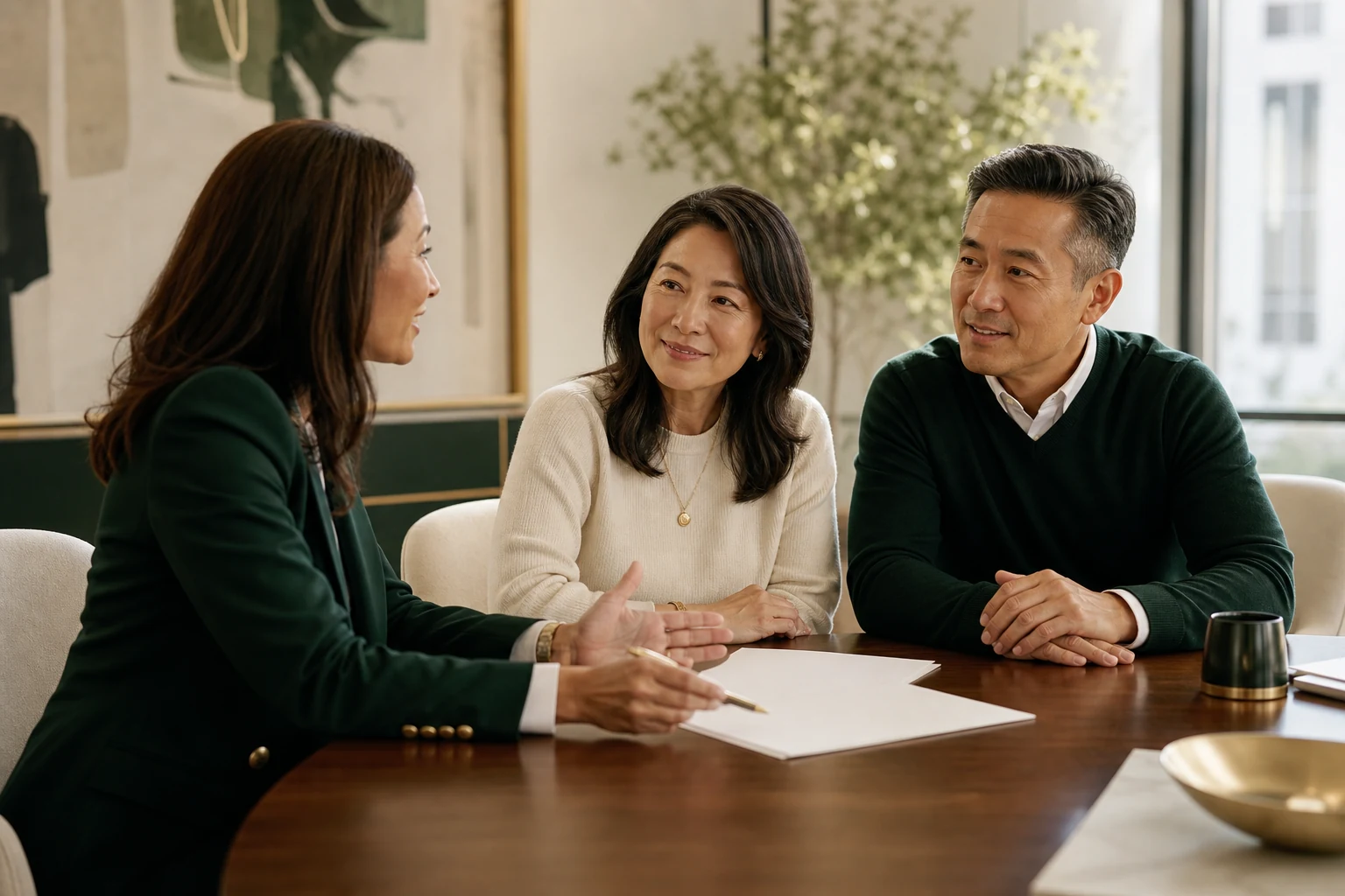A couple having a thoughtful conversation with a financial professional